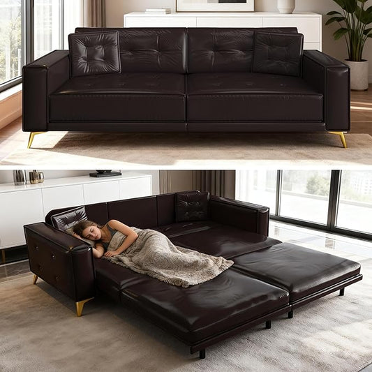 92 King Pull Out Sofa Bed PU Leather Convertible Sleeper Couch with Tufted Design Oversized 4-Seater Modern Mid Century Sectional Couch for Living Room Small Spaces Dark Brown