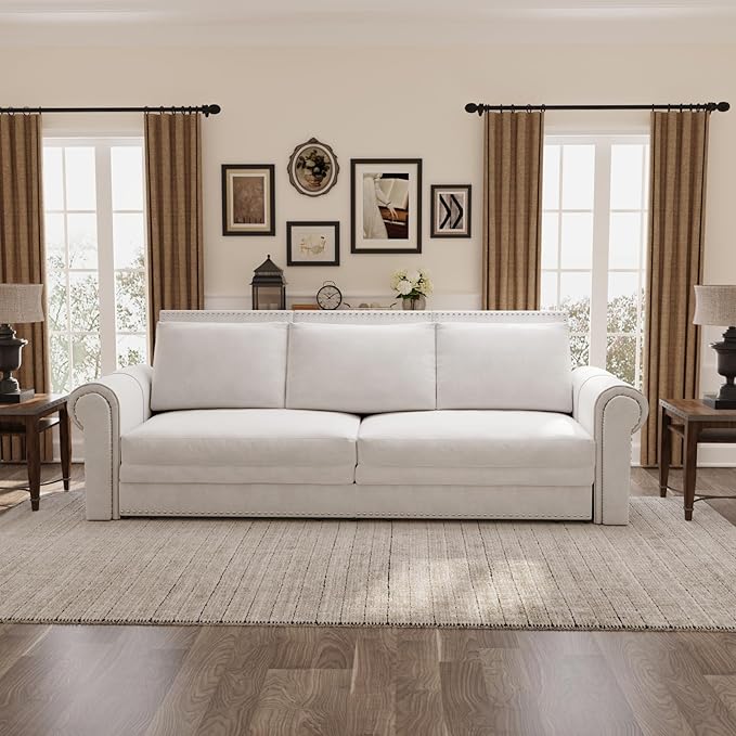 Newfun 93.7 King Pull Out Sofa Bed with Pillows 3-in-1 Velvet Convertible Sleeper Sofa with Nailhead Trim &amp Rolled Arm for Living Room Bedroom Small Space Apartment (Beige Velvet)