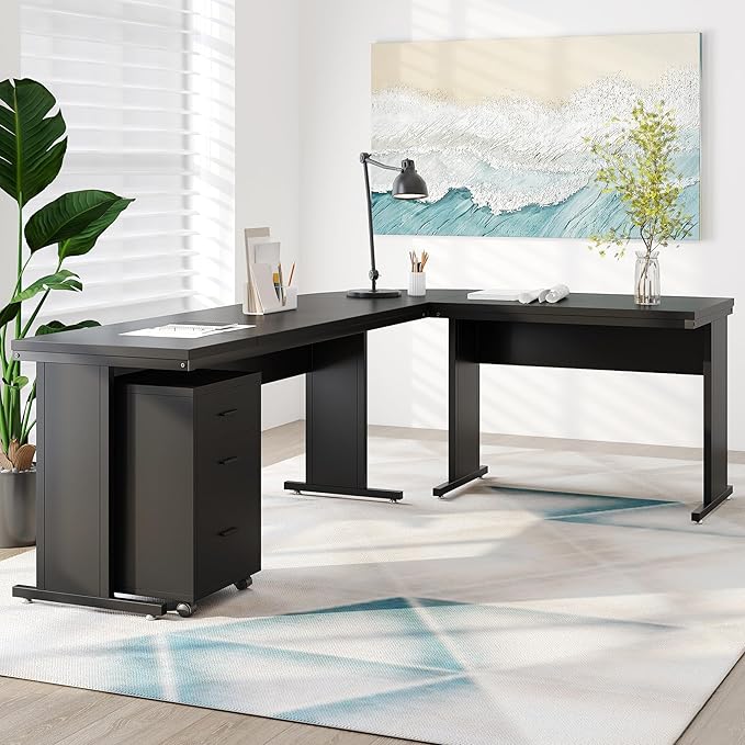 Tribesigns 83 Inch L-Shaped Office Desk Large Executive Computer Desk with 3-Drawer File Cabinet Industrial Corner Desk with Storage Drawers Business Furniture Work Desk for Home Office (Black)