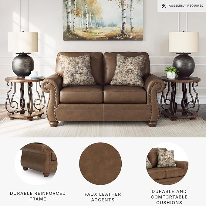 Signature Design by Ashley Shadsburne Rustic Faux Leather Loveseat with Nailhead Trim and 2 Throw Pillows Brown