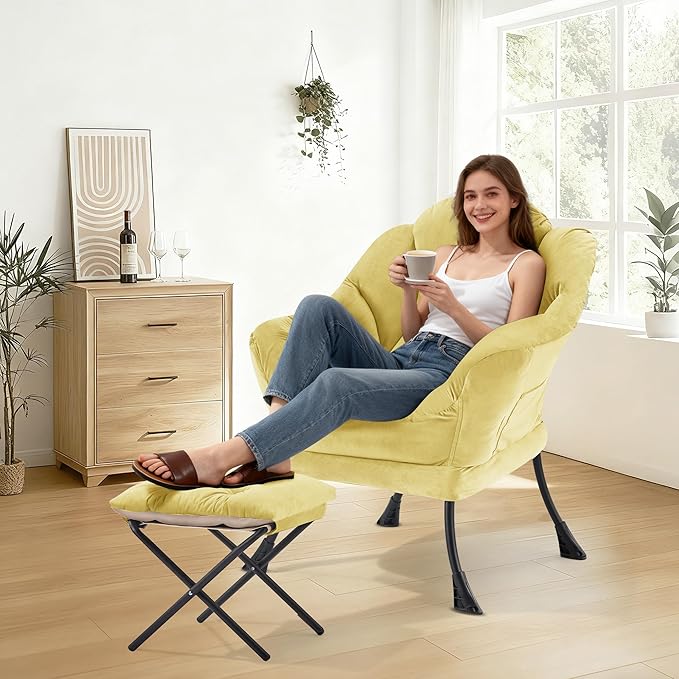 Lazy Chair with OttomanOversized Accent Chair with Thick Cushion Side PocketModern Lounge Arm Reading Chair and Folding Footrest for Living RoomBedroomOfficeDormApartment Yellow