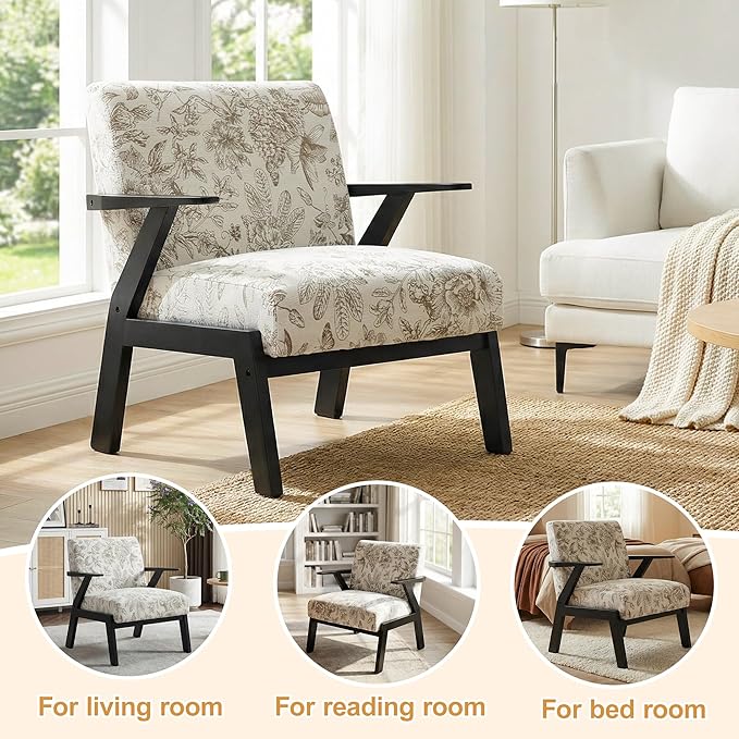 Floral Accent Chair Mid Century Modern Chairs Upholstered Armchair with Solid Rubber Wood Living Chair Ergonomic Chair for Living Room Bedroom Reading Room