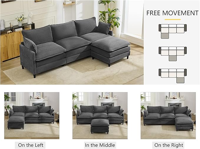 DRMBOOK 110.6'' L Shaped Modular Sectional Cloud Couch Cozy Upholstered 3 Seater Sofa Modern Deep Seat Modular Sofa Couches with Ottoman for Living Room (Corduroy Grey 3 Seat+1 Ottoman)