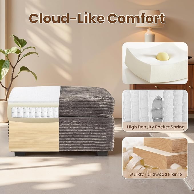 32.7'' Ottoman for Modular Sectional Sofa Deep Seat Upholstered Footstool for Sofas Set L/U/V Shaped Plush Corduroy Cloud Couch for Living Room Apartment Grey