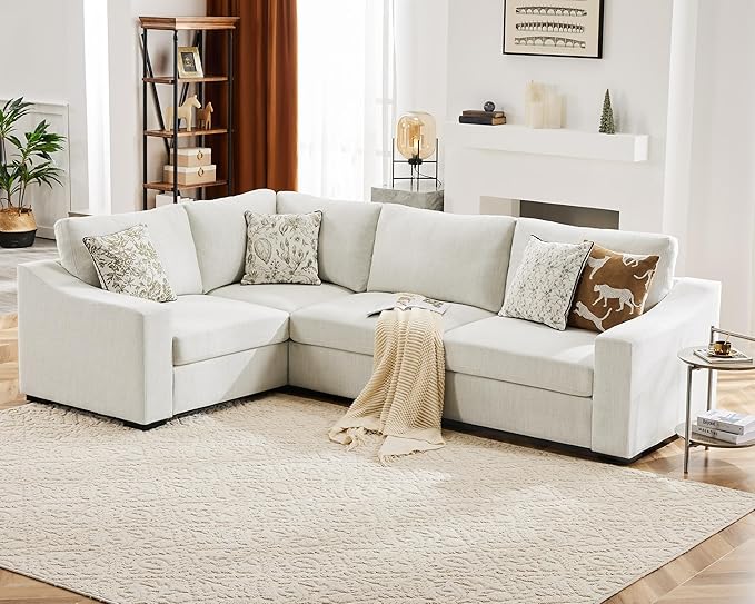 ABCASA 112 Oversized V-Shaped Modular Sectional Couch with Chaise Corner Sectional Sofa 5-Seater Deep Seat Cloud Couch Reversible Corner Upholstered Soft Linen Couches for Living Room Ivory | Brea