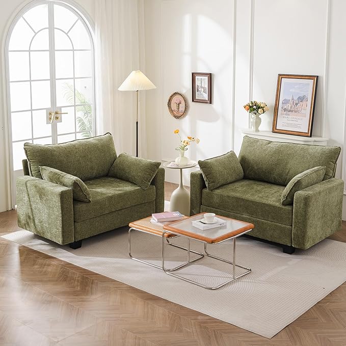 53'' Loveseat Sofa with All Seats Storage Modular Sectional Couch with Deep SeatOversized Comfy Couch with Throw PillowsSingle Sofa Chair for Living RoomBedroomChenilleGreen