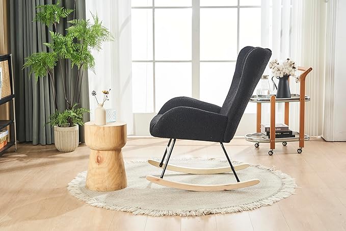 Rocking Chair Nursery Solid Wood Legs Reading Chair with Teddy Fabric Upholstered Nap Armchair for Living Rooms Bedrooms Offices Best GiftBlack Teddy Fabric