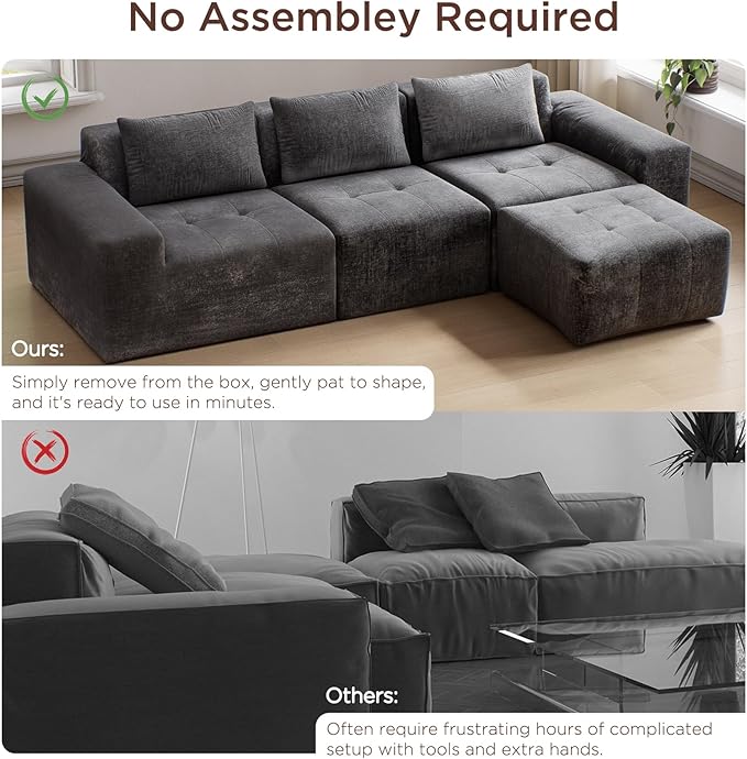 Maupvit 108 Modular Sectional Sofa Modern Cloud Couch L-Shaped Convertible Sleeper Sofa Bed with Movable Ottoman Deep Seat Boneless Comfy 3 Seater Couches for Living Room Grey | Breathable materia