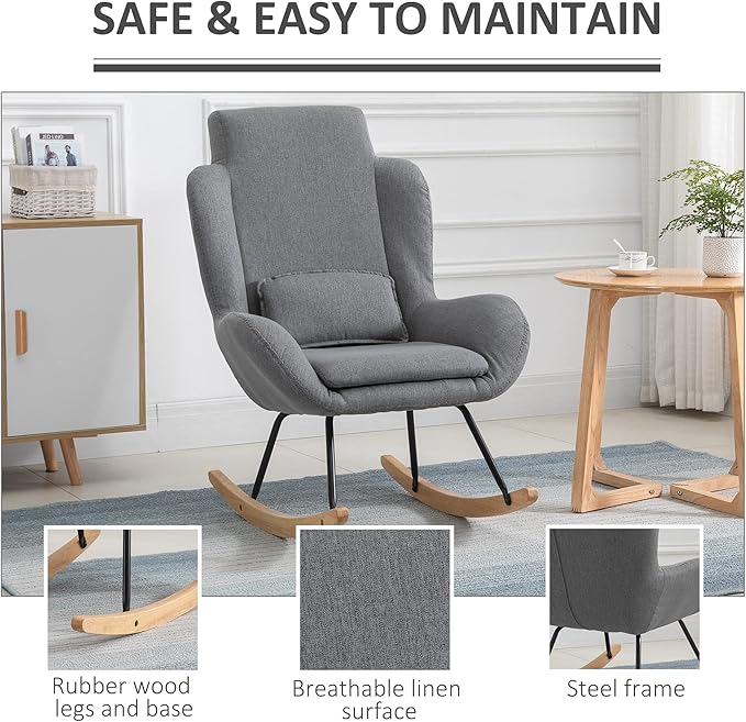 HOMCOM Modern Rocking Chair with Removable Lumbar Pillow Fabric Sofa Armchair with Thick Padding Metal Frame Wood Base for Living Room Light Grey