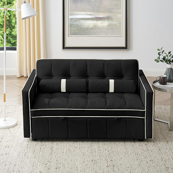3-in-1 Convertible Sleeper Sofa Bed55.5 Modern Tufted Velvet Pull Out Couch BedFuton Small Love Seat Sofa with Adjustable Backrest&ampCylinder Pillows for Living RoomApartmentSmall Places(Black)
