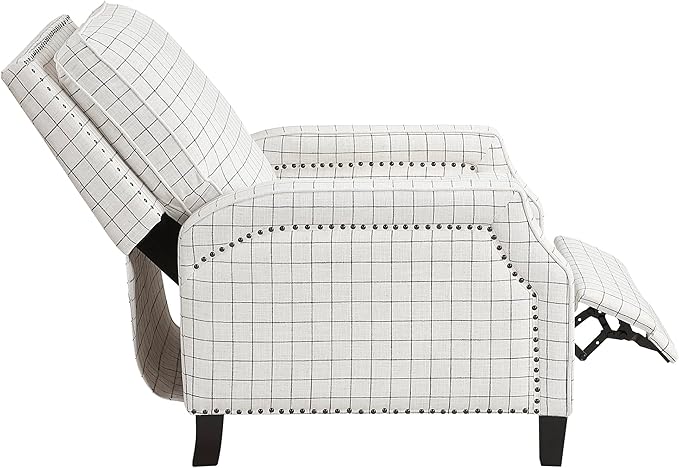 Lexicon Pushback Recliner Chair Plaid Textured Fabric Armchair Push Back Reclining Chair Nailhead Trim Solid Wood Legs Easy Assembly for Living Room/Office/Apartment Off-White