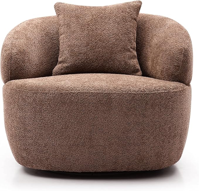 KEIKI 35 Round Oversized Boucle Single Sofa Chair with Ergonomic Design Upholstered Modern Style 1-Seater Corner Swivel Barrel Chair Easy Assembly for Office Apartment Living Room Brown