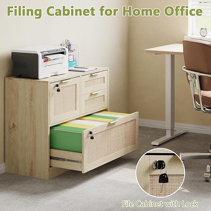 HOPUBUY Lockable 4 Drawers File Cabinet Set of 2 Lateral Filing Cabinet with Printer Stand for Home Office and School Wood Rattan File Cabinet for Hanging Files/Letter/Legal/A4/F4 Size Oak