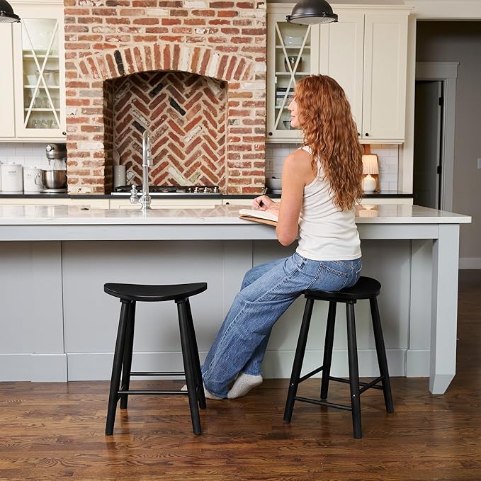 Maven Lane Luna Counter Stool – 26 Inches – Round Stool with Footrest – Black Solid Wood – Space-Saving Design for Kitchen Counters &amp Islands Ideal for Apartments Dorms &amp Compact Living