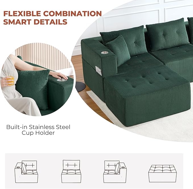 100 Modular Sectional Sofa Bed Oversized 6-Seater Boneless Tufted Cloud Sleeper Couch with Cup Holder and Movable Ottoman Corduroy Upholstery Couches for Living Room No Assembly Green