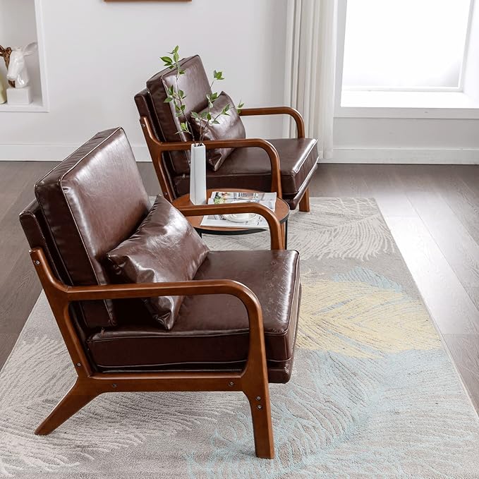 Brown Faux Leather Accent Chair- Comfy Solid Wood Arm Chair Mid Century Modern Armchair Lounge Sitting Decorative Office Side Chair Club Small Bedroom Reading Nook Sillas De Sala Living Room Furniture