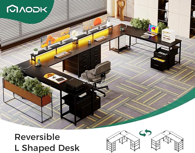AODK 66 L Shaped Computer Desk 113“ Reversible Home Office Desk with File Cabinet &amp 4 Fabric Drawers Two Person Desk with LED Lights &amp Power Outlet Corner Gaming Desk with Monitor Shelf B