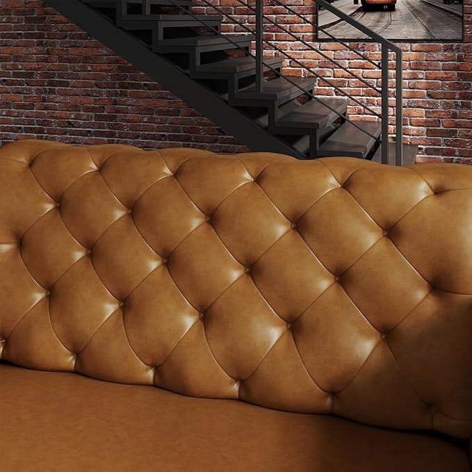 60 Mid-Century Modern Sofa CouchFaux Leather 2 Seater Sofa and Comfortable CushionsComfy Deep Seats Sofa Modern Couch for Living RoomOffice Apartment Small SpaceTool-Free AssemblyBrown