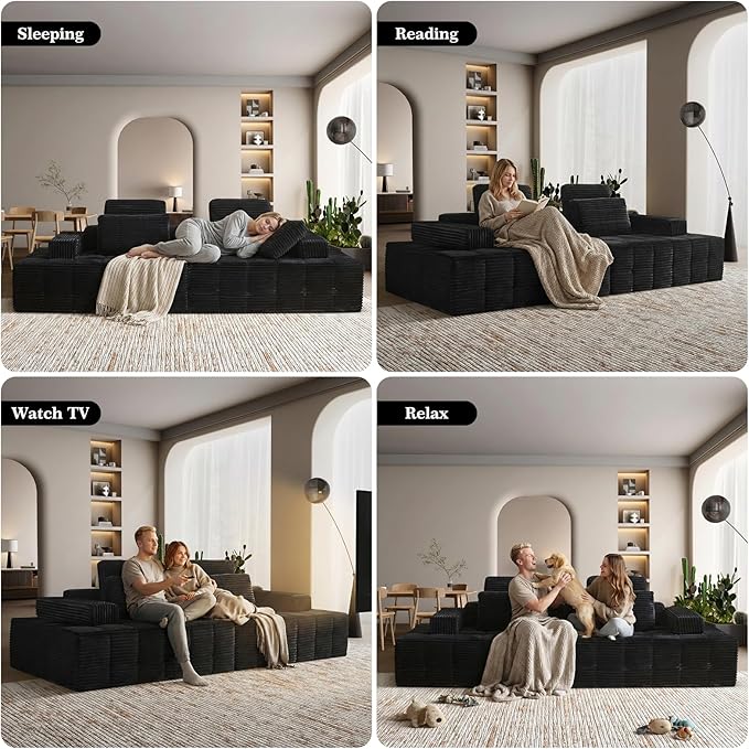 Modular Sectional Sofa with Movable Handrails Straight-Row Boneless Sofa Sectional Couch for Living Room Deep Seat Memory Foam Faux Rabbit Fur Fabric Sofa No Assembly Required(Black)