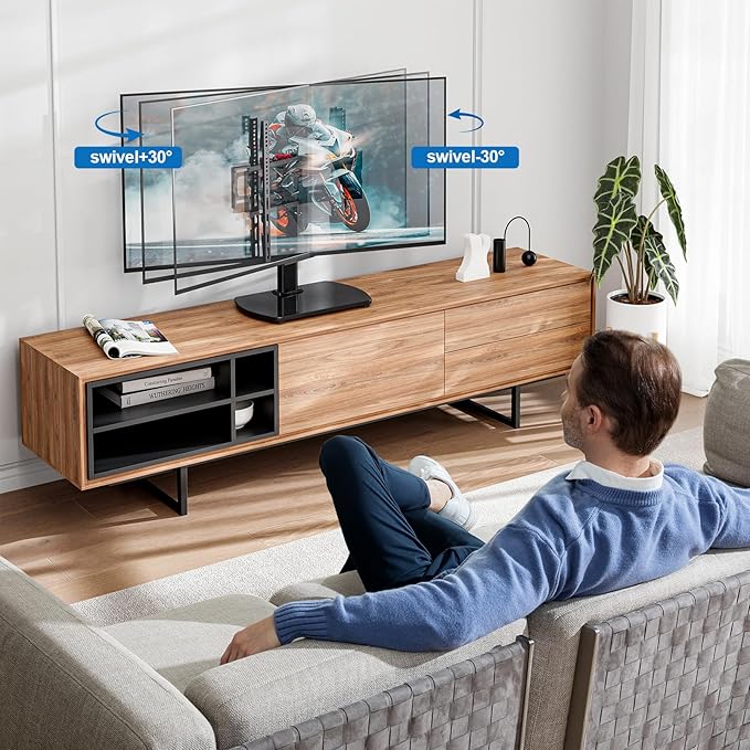 Universal TV Stand for 27-60 Inch TVs with Swivel Mount Height Adjustable Table Top TV Stand Mount Heavy Duty Tempered Glass Base TV Pedestal Stand Holds up to 88 lbs VESA 400x400mm