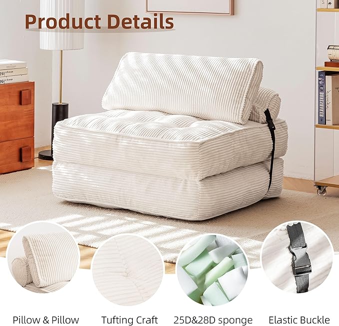 GYUTEI Folding Sofa Bed Convertible Sleeping Chair with Backrest Support and Soft Corduroy FabricFold Couch Bed with Pillow for Small Spaces/Living Room/Bedroom/Apartment Single SizeBeige