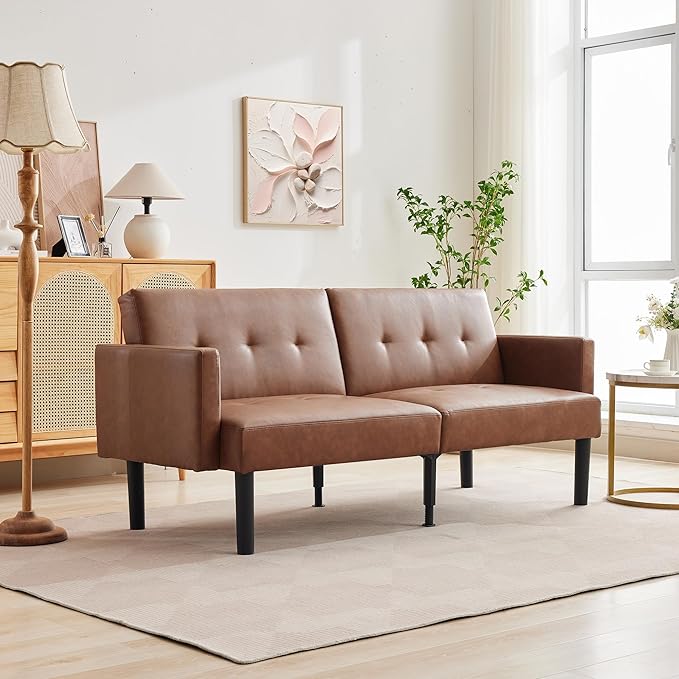 Garvee 75.5 Convertible Futon Sofa Bed PU Leather Upholstered Futon Couch with Strong Legs Mid Century Modern Sleeper Sofa Comfy Loveseat for Living Room Bedroom Dorm Brown