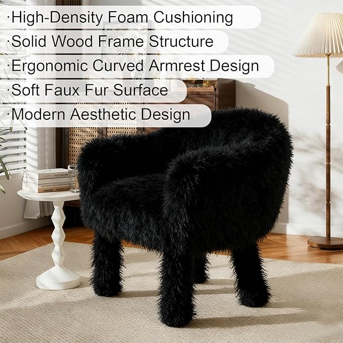 Modern Faux Fur Accent Chair with Solid Wood Frame Comfy Living Chair Cozy Furry Lounge Chair Upholstered Armchair for Living Room Bedroom Vanity Reading Nook Black