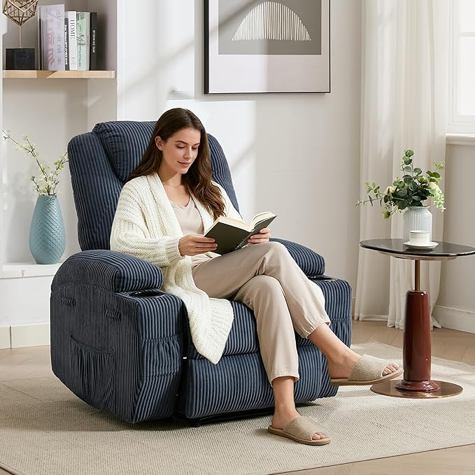 Electric Recliner Chair with Massage and Heat 135° Adjustable Corduroy Single Sofa for Living Room &amp Bedroom Cup Holders &amp Pockets(Blue)