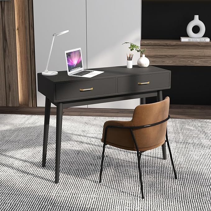 Small Black Desk with 2 Drawers Modern Writing Desk for Small Spaces Home Office Desk for Study Laptop Computer Desk for Work Makeup Vanity Table for Bedroom (Jet Black)