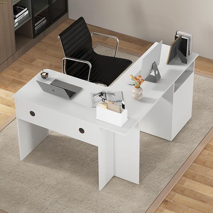 Giantex L Shaped Computer Desk with Drawers 59 Corner Desk Workstation with Storage Shelf &amp Cable Holes Large Executive Office Desk Modern Study Writing Table for Home Office (White)