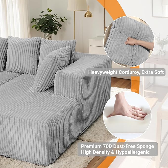 130 Modular Sofa Couch Convertible Sleeper Sofa Corduroy Sectional Sofa for Living Room Modern Cloud Couch with Deep Seat Chaise Comfy Oversize 4-6 Seat No Assembly (Gray)