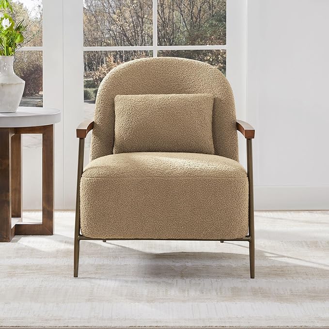 CHITA Accent Chair for Living Room FSC Certified Modern Upholstered Faux Sherpa Fabric Armchair with Metal Frame and Wooden Armrests Camel