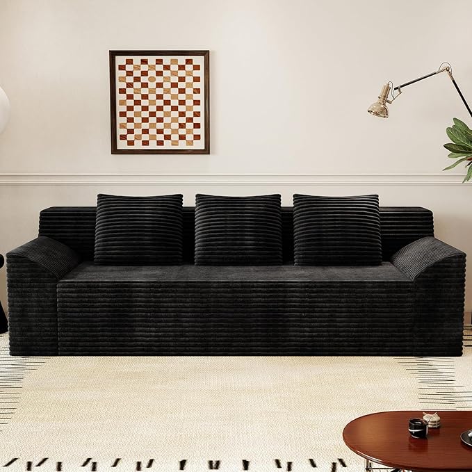 71Cloud Loveseat SofaModern 2-Seater Boneless Couch with 3 Pillows &amp Side PocketSoft Corduroy LoveseatCompressed FoamDeep SeatNo Assembly for Living RoomBedroomApartment(Tilted ArmrestBla