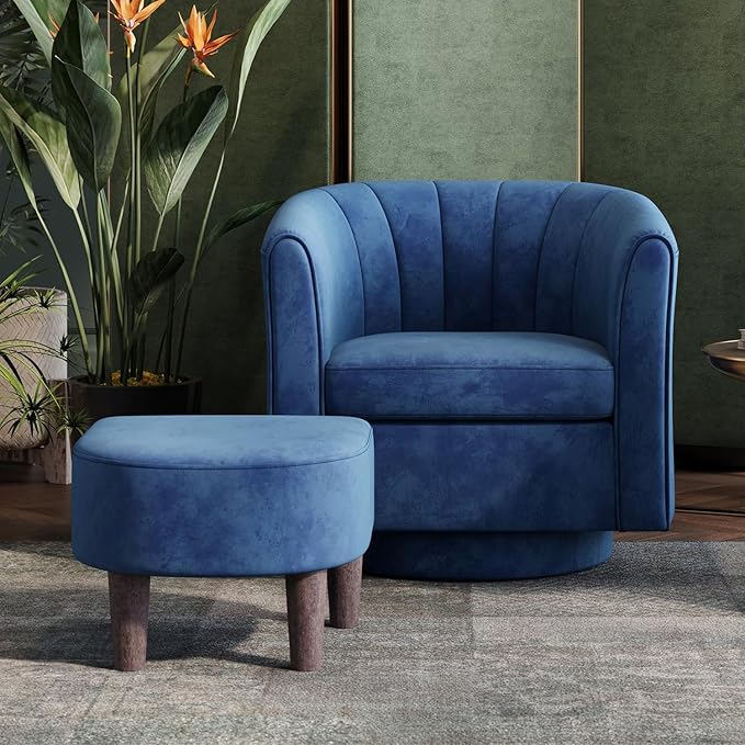 LINSY Swivel Accent Chair with Ottoman: Small Velvet Barrel Chair 360 Swivel Modern Armchair Upholstered Reading Chair with Footrest for Living Room Bedroom Study Room (Blue)