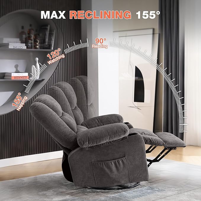 Power Swivel Recliner Chair with Rocking Function for AdultsOversized Rocker Recliner with Side Pocket2 Cup Holders for Living Room