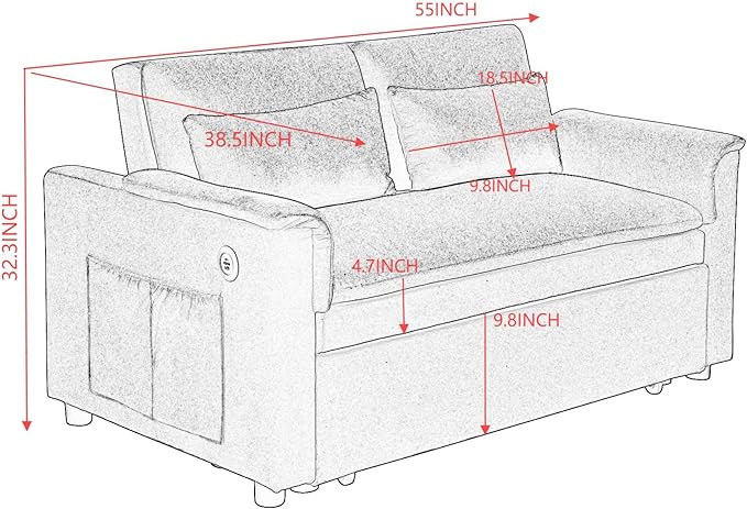 Sofa Bed Pull Out Couch with Side Pockets 3 in 1 Velvet Loveseat Sleeper Sofas Beds with USB Ports Sofa Bed Couch with Adjustable Backrest for Living Room Bedroom Apartment Black Blue