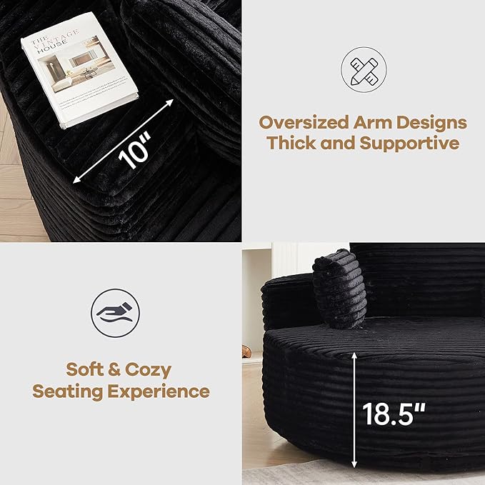 55 Oversized Round Single Swivel Indoor Chair Cozy Corduroy Upholstered Circle Round Sofa Deep Seat Round Swivel Chair for Living Room Bedroom &amp Reading No Assembly Required Black