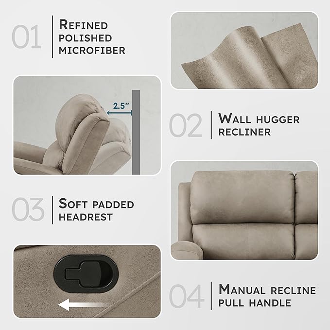 Lexicon Manual Double Reclining Sofa Polished Microfiber Manual Wall Hugger Sofa Recliner for Living Room Home Theater Seating Track Arm Stitching Cushion Padded Foam Seat Cushion Brown