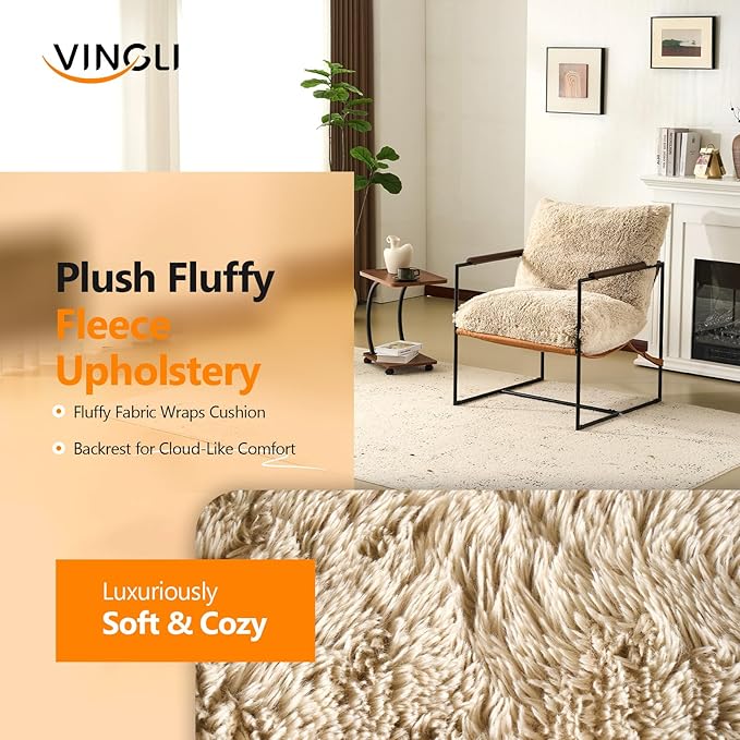 VINGLI 28 Wide Plush Upholstery Sling Modern Accent Chairs Set of 2 Cute Reading Armchair with Removable Seat Cushion &amp Tan Microfiber Seat Base Lazy Chair for Bedroom &amp Lounge Beige
