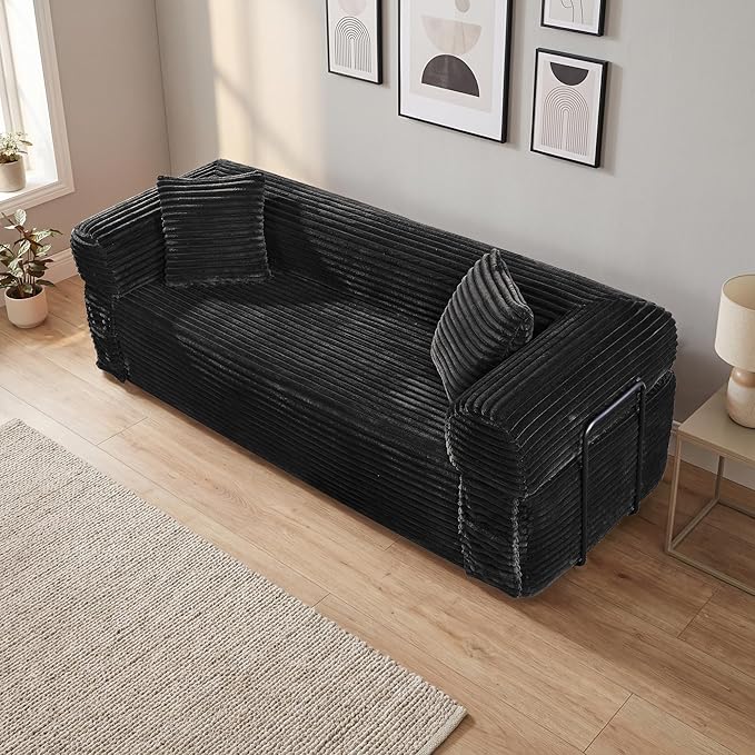 83'' Boneless Couch in A Box No Assembly Needed Sofa Bed Couch 3 Seater Corduroy Modern Cloud Sofa 29'' Deep Seat with 2 Pillows &amp Removable Backrest for Living Room Bedroom Apartment Black |