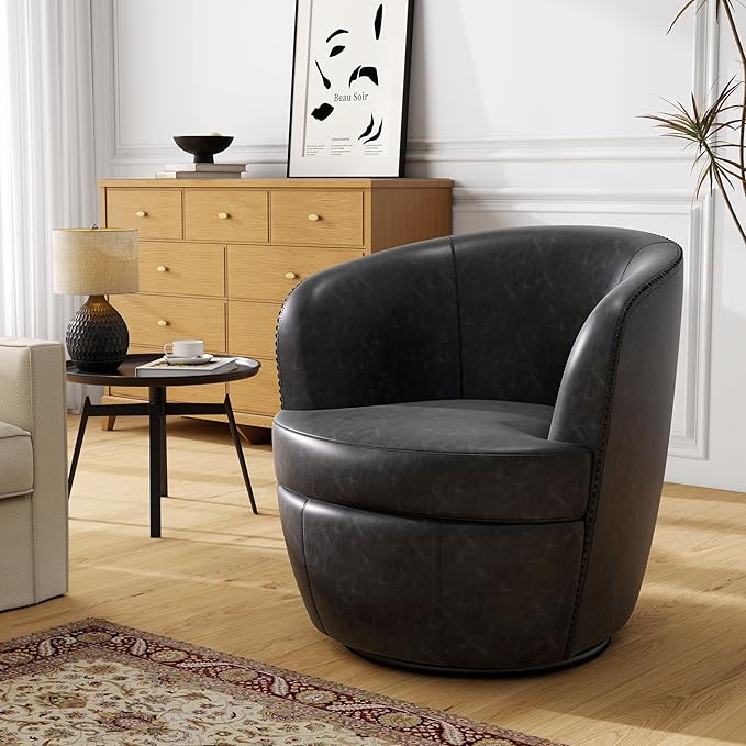 Swivel Barrel Chair Modern Round PU Leather Accent Armchair for Living Room Bedroom Comfy Club Reading Chairs for Adults (Leather Black Grey Set of 1)