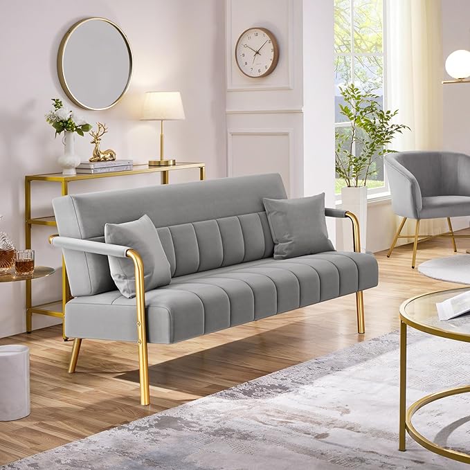 Yaheetech 56.5 W Modern Sofa Small Sofa Luxurious Velvet Fabric Couch with Gold-Tone Metal Arms and Legs for Living Room Home Office Studio Light Gray