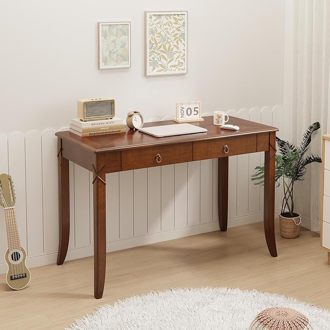 Large Computer Desk Office Table with 2 Drawers 46 Solid Wood Study Writing Desk Workstation with Storage Space Mid-Century Vanity Dressing Table for Office Easy Assembly Caramel Brown BSZ-DR200