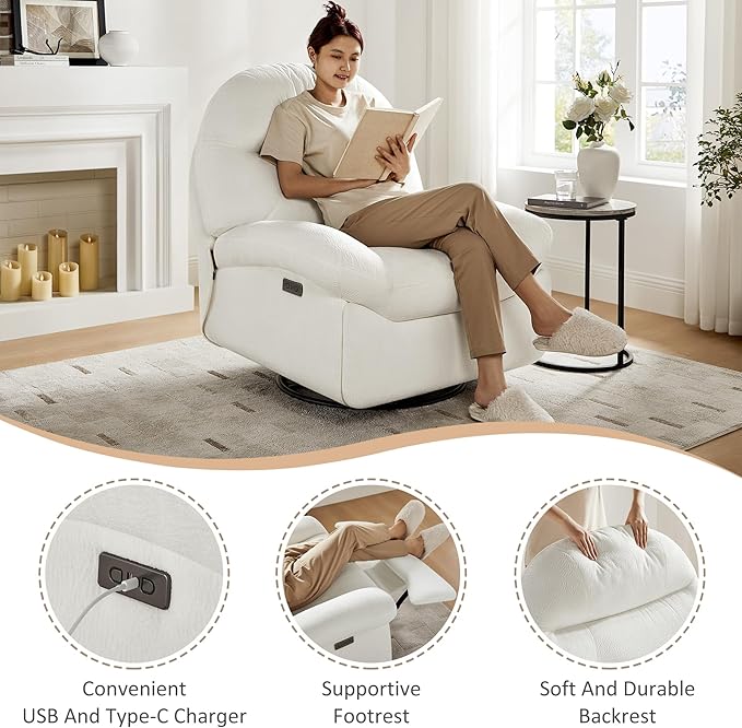 VANOMi Power Recliner Chair with USB &amp Type-C Charging 270° Swivel Glider Rocker Electric Nursery Recliner for Living Room Bedroom and Office White