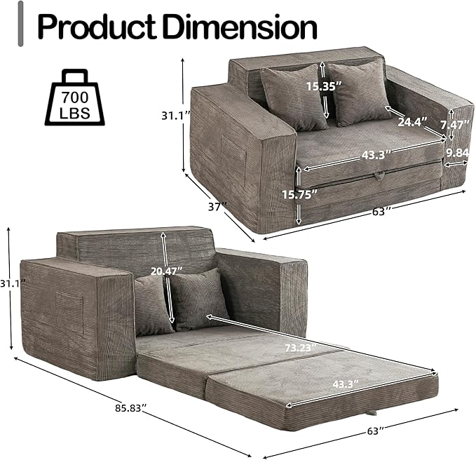 HOMREST 63 Convertible Memory Foam Loveseat Sofa Pull Out Sleeper Sofa Bed 2 in 1 Upholstered Boneless Couch Fold Out Floor Couch Corduroy with 2 Pillows for Living Room Bedroom Lounge (Grey)
