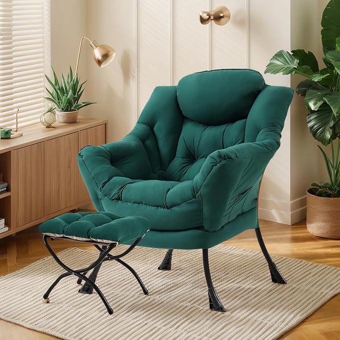 Lazy Chair with Ottoman Large Dark Green Accent Chair with Ottoman Comfy Reading Armchair Leisure Sofa Chair for Living Room Bedroom Dorm Room Office