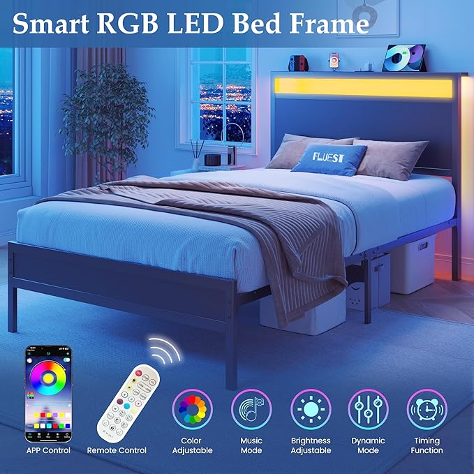Twin Bed Frame with Headboard &amp Footboard Twin Bed Frame with Charging Station &amp LED Light Under-Bed-Storage No Box Spring Needed Noise Free Easy Assembly Classic Black
