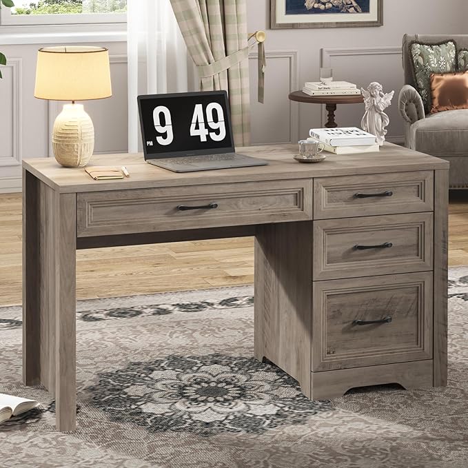 Vabches Farmhouse Executive Desk with Drawers Home Office Desk with File Drawer Wood Computer Desk with Ample Storage Rustic Office Desk with Spacious Tabletop for Work Grey