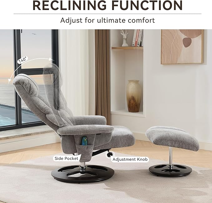 Ergonomic Recliner Chair with Ottoman for Adults 360° Swivel Massage Lounge Chair with 5-Point Vibration &amp Heated Seat140° Adjustable Chenille Recliner for Living Room Office (Grey+Chenille)