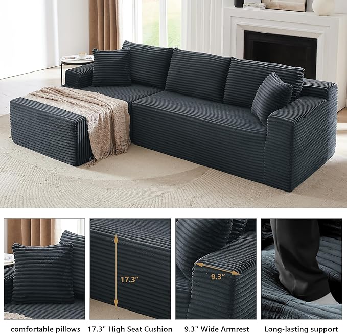 Aoowow 103.2 L-Shaped Cloud Sectional Sofa with Deep Seat Corduroy Modular 4 Seat Couches Sleeper Sofa for Living Room Bedroom Apartment No Assembly Required Dark Grey